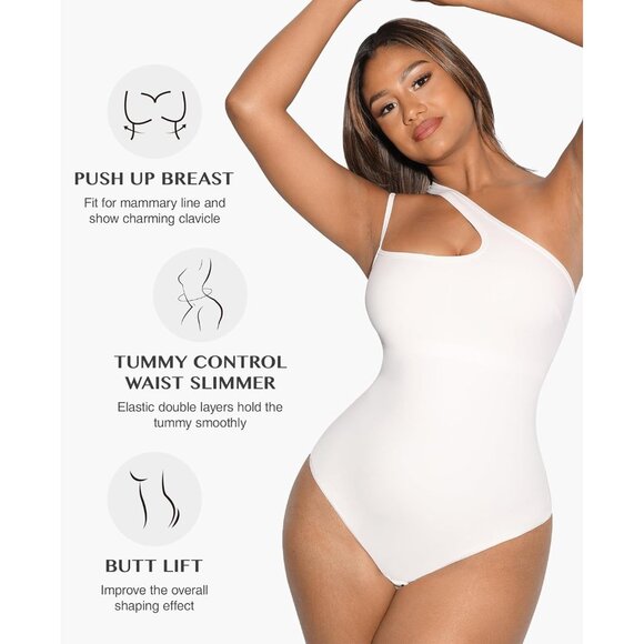 Women White One Shoulder Cutout Front Tummy Control Body Suit Tank Tops - Picture 3 of 5